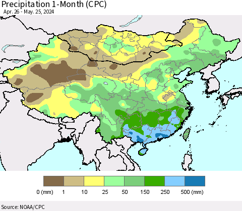China, Mongolia and Taiwan Precipitation 1-Month (CPC) Thematic Map For 4/26/2024 - 5/25/2024