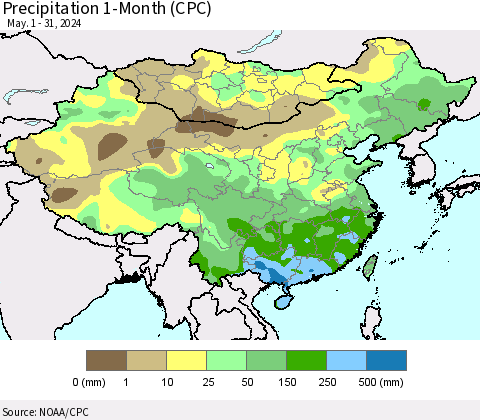 China, Mongolia and Taiwan Precipitation 1-Month (CPC) Thematic Map For 5/1/2024 - 5/31/2024