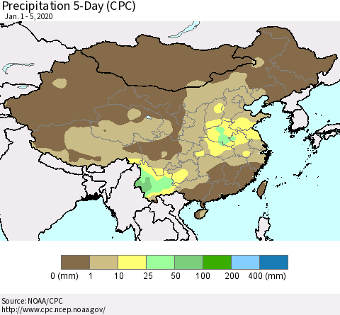 China, Mongolia and Taiwan Precipitation 5-Day (CPC) Thematic Map For 1/1/2020 - 1/5/2020