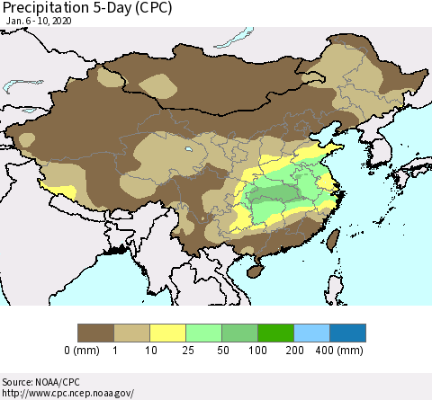 China, Mongolia and Taiwan Precipitation 5-Day (CPC) Thematic Map For 1/6/2020 - 1/10/2020