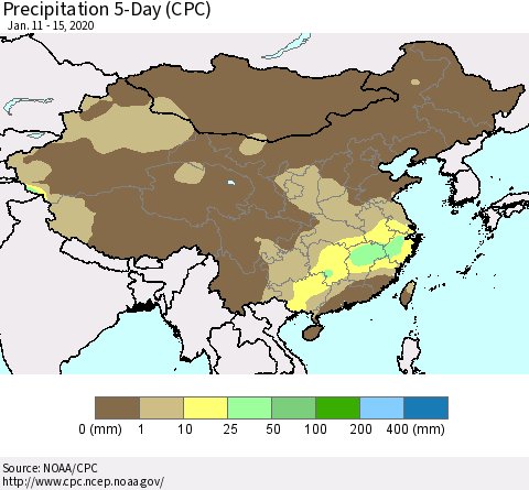 China, Mongolia and Taiwan Precipitation 5-Day (CPC) Thematic Map For 1/11/2020 - 1/15/2020