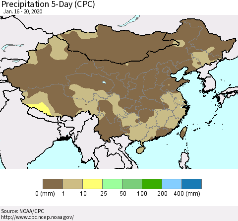 China, Mongolia and Taiwan Precipitation 5-Day (CPC) Thematic Map For 1/16/2020 - 1/20/2020