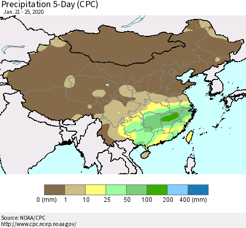 China, Mongolia and Taiwan Precipitation 5-Day (CPC) Thematic Map For 1/21/2020 - 1/25/2020
