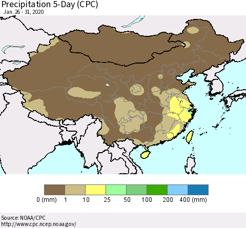 China, Mongolia and Taiwan Precipitation 5-Day (CPC) Thematic Map For 1/26/2020 - 1/31/2020
