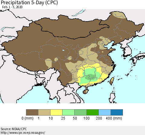 China, Mongolia and Taiwan Precipitation 5-Day (CPC) Thematic Map For 2/1/2020 - 2/5/2020