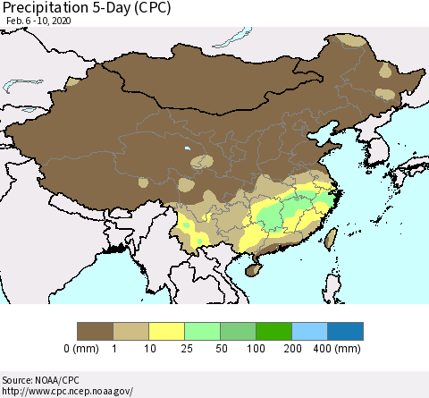 China, Mongolia and Taiwan Precipitation 5-Day (CPC) Thematic Map For 2/6/2020 - 2/10/2020