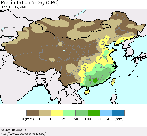 China, Mongolia and Taiwan Precipitation 5-Day (CPC) Thematic Map For 2/11/2020 - 2/15/2020