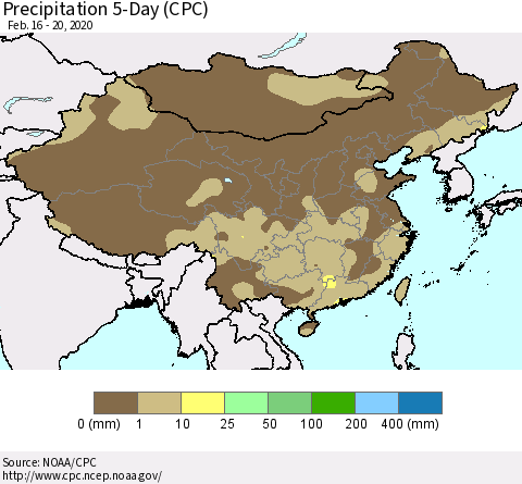 China, Mongolia and Taiwan Precipitation 5-Day (CPC) Thematic Map For 2/16/2020 - 2/20/2020