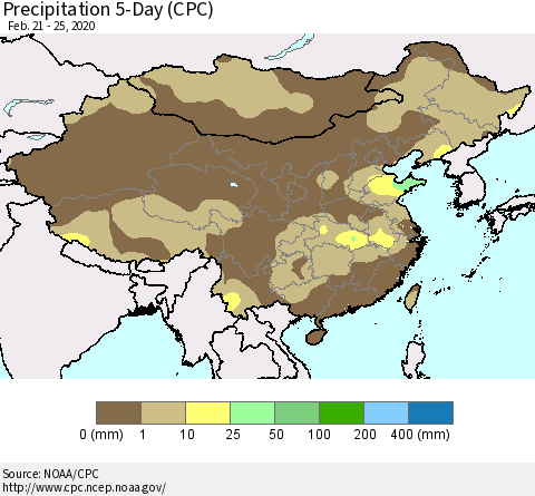 China, Mongolia and Taiwan Precipitation 5-Day (CPC) Thematic Map For 2/21/2020 - 2/25/2020