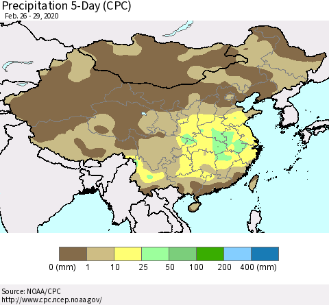 China, Mongolia and Taiwan Precipitation 5-Day (CPC) Thematic Map For 2/26/2020 - 2/29/2020