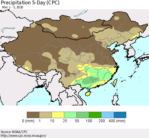 China, Mongolia and Taiwan Precipitation 5-Day (CPC) Thematic Map For 3/1/2020 - 3/5/2020