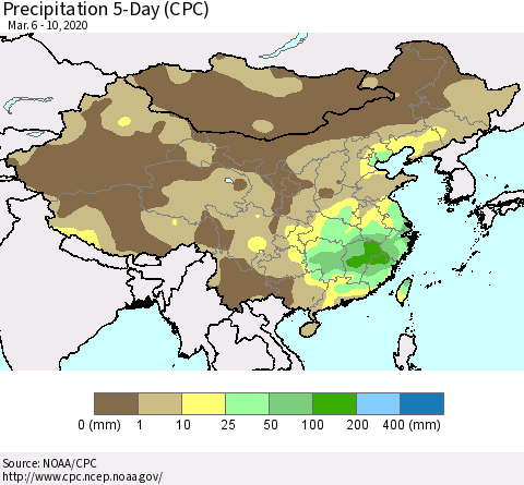 China, Mongolia and Taiwan Precipitation 5-Day (CPC) Thematic Map For 3/6/2020 - 3/10/2020