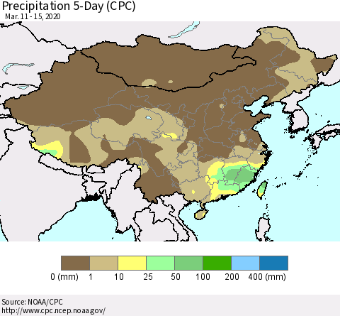 China, Mongolia and Taiwan Precipitation 5-Day (CPC) Thematic Map For 3/11/2020 - 3/15/2020