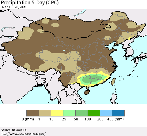 China, Mongolia and Taiwan Precipitation 5-Day (CPC) Thematic Map For 3/16/2020 - 3/20/2020