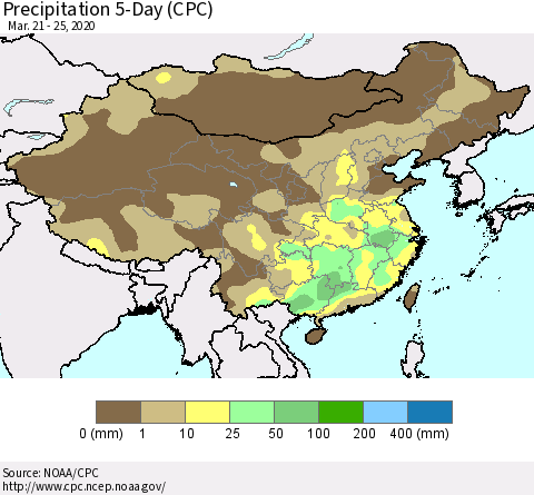 China, Mongolia and Taiwan Precipitation 5-Day (CPC) Thematic Map For 3/21/2020 - 3/25/2020