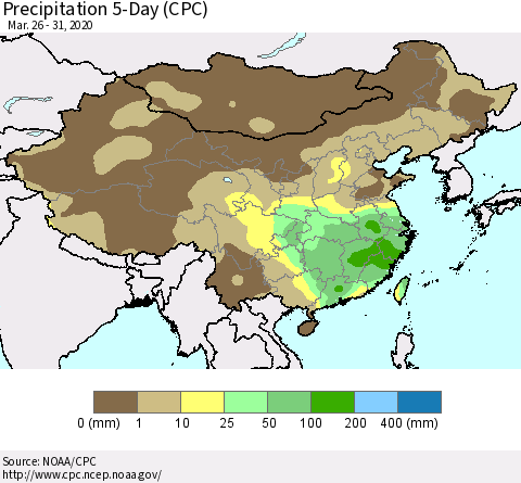 China, Mongolia and Taiwan Precipitation 5-Day (CPC) Thematic Map For 3/26/2020 - 3/31/2020