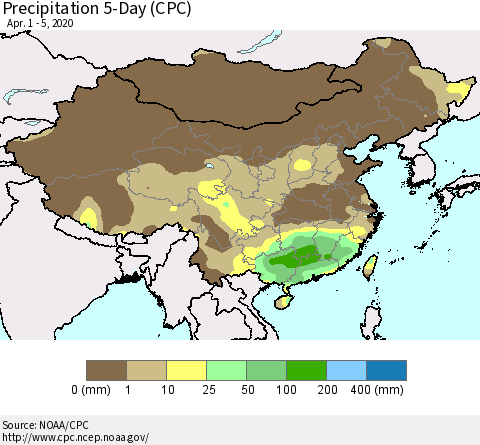 China, Mongolia and Taiwan Precipitation 5-Day (CPC) Thematic Map For 4/1/2020 - 4/5/2020