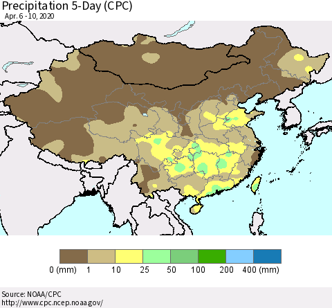 China, Mongolia and Taiwan Precipitation 5-Day (CPC) Thematic Map For 4/6/2020 - 4/10/2020