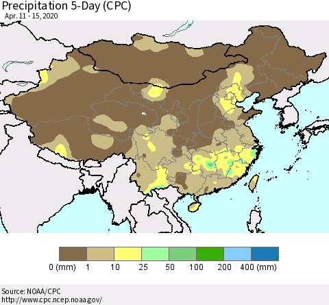 China, Mongolia and Taiwan Precipitation 5-Day (CPC) Thematic Map For 4/11/2020 - 4/15/2020