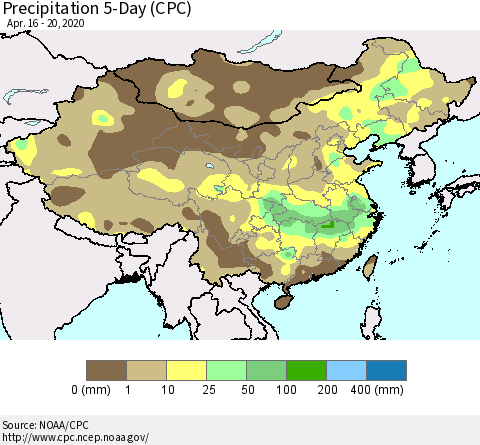 China, Mongolia and Taiwan Precipitation 5-Day (CPC) Thematic Map For 4/16/2020 - 4/20/2020