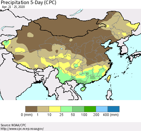 China, Mongolia and Taiwan Precipitation 5-Day (CPC) Thematic Map For 4/21/2020 - 4/25/2020