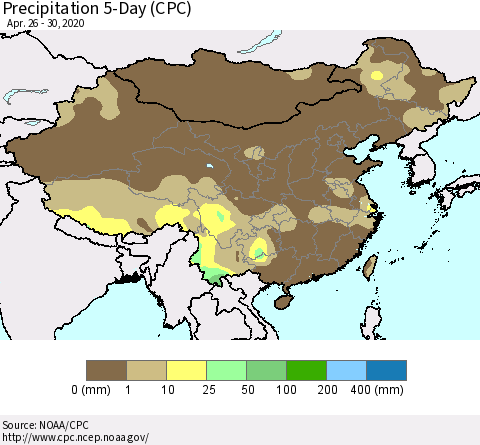 China, Mongolia and Taiwan Precipitation 5-Day (CPC) Thematic Map For 4/26/2020 - 4/30/2020