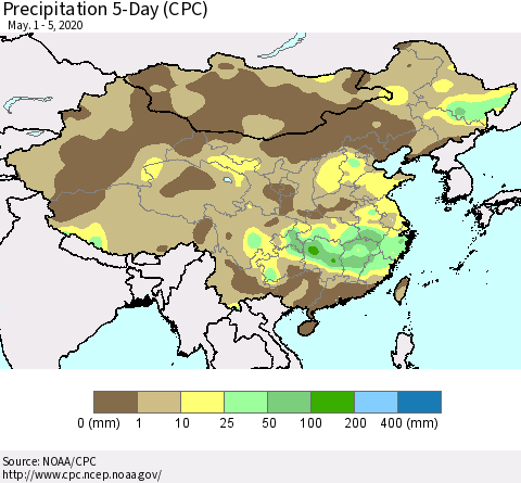 China, Mongolia and Taiwan Precipitation 5-Day (CPC) Thematic Map For 5/1/2020 - 5/5/2020