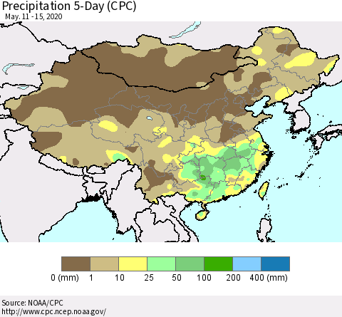 China, Mongolia and Taiwan Precipitation 5-Day (CPC) Thematic Map For 5/11/2020 - 5/15/2020