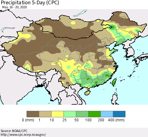 China, Mongolia and Taiwan Precipitation 5-Day (CPC) Thematic Map For 5/16/2020 - 5/20/2020