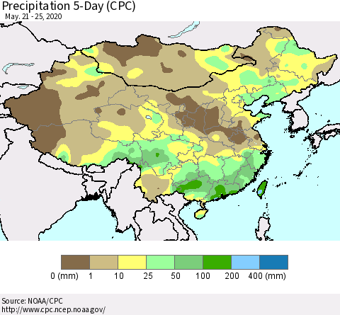 China, Mongolia and Taiwan Precipitation 5-Day (CPC) Thematic Map For 5/21/2020 - 5/25/2020