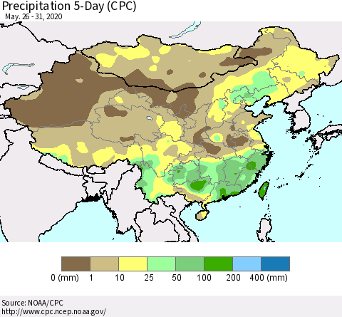 China, Mongolia and Taiwan Precipitation 5-Day (CPC) Thematic Map For 5/26/2020 - 5/31/2020