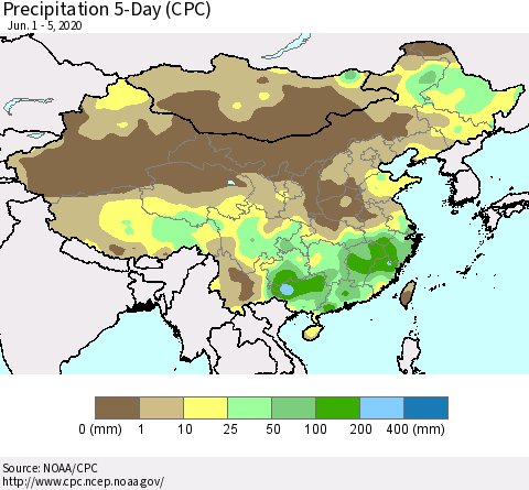 China, Mongolia and Taiwan Precipitation 5-Day (CPC) Thematic Map For 6/1/2020 - 6/5/2020