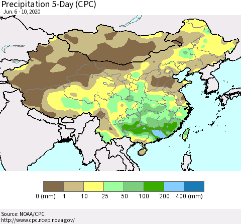 China, Mongolia and Taiwan Precipitation 5-Day (CPC) Thematic Map For 6/6/2020 - 6/10/2020