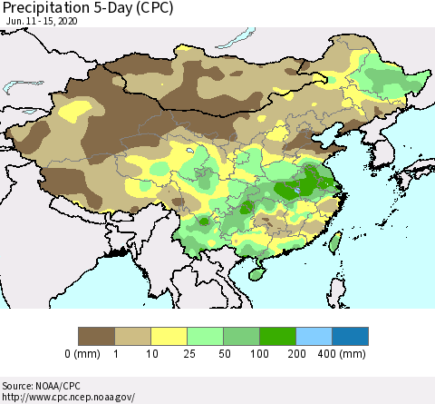 China, Mongolia and Taiwan Precipitation 5-Day (CPC) Thematic Map For 6/11/2020 - 6/15/2020