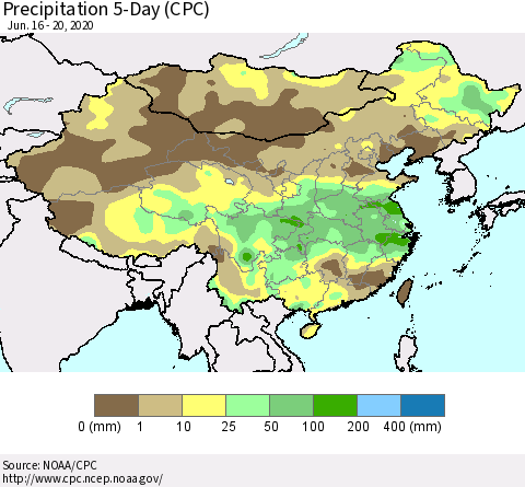 China, Mongolia and Taiwan Precipitation 5-Day (CPC) Thematic Map For 6/16/2020 - 6/20/2020