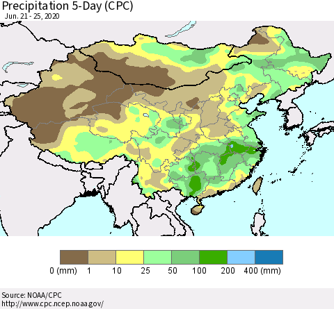 China, Mongolia and Taiwan Precipitation 5-Day (CPC) Thematic Map For 6/21/2020 - 6/25/2020