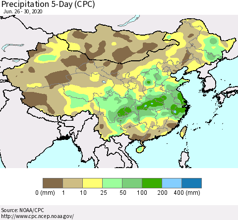 China, Mongolia and Taiwan Precipitation 5-Day (CPC) Thematic Map For 6/26/2020 - 6/30/2020