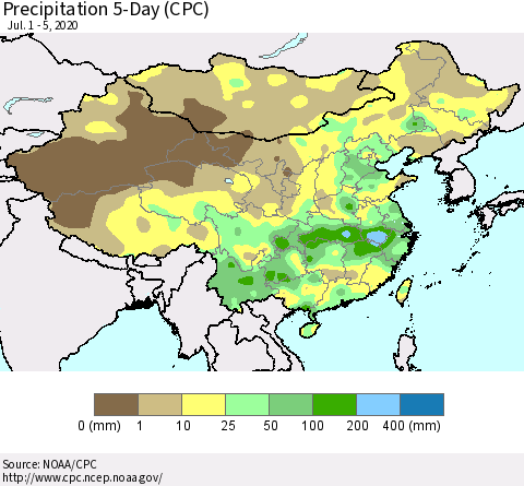 China, Mongolia and Taiwan Precipitation 5-Day (CPC) Thematic Map For 7/1/2020 - 7/5/2020