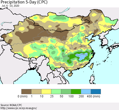 China, Mongolia and Taiwan Precipitation 5-Day (CPC) Thematic Map For 7/6/2020 - 7/10/2020