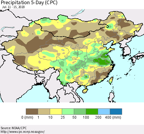 China, Mongolia and Taiwan Precipitation 5-Day (CPC) Thematic Map For 7/11/2020 - 7/15/2020