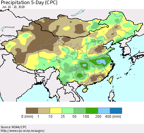China, Mongolia and Taiwan Precipitation 5-Day (CPC) Thematic Map For 7/16/2020 - 7/20/2020