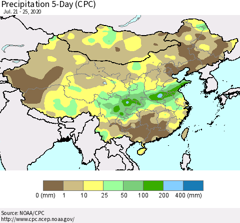 China, Mongolia and Taiwan Precipitation 5-Day (CPC) Thematic Map For 7/21/2020 - 7/25/2020