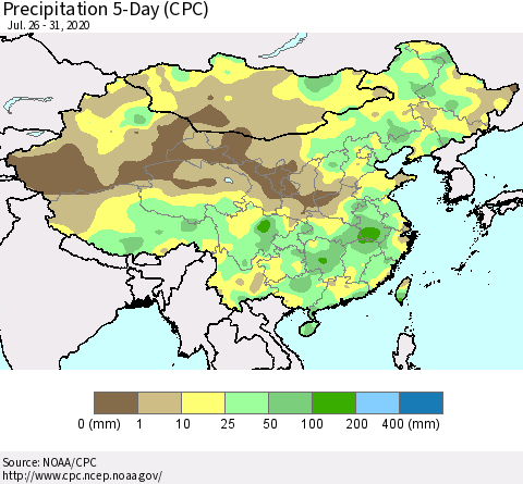 China, Mongolia and Taiwan Precipitation 5-Day (CPC) Thematic Map For 7/26/2020 - 7/31/2020
