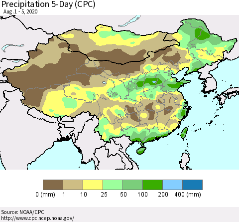 China, Mongolia and Taiwan Precipitation 5-Day (CPC) Thematic Map For 8/1/2020 - 8/5/2020