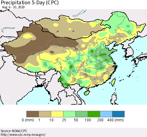 China, Mongolia and Taiwan Precipitation 5-Day (CPC) Thematic Map For 8/6/2020 - 8/10/2020