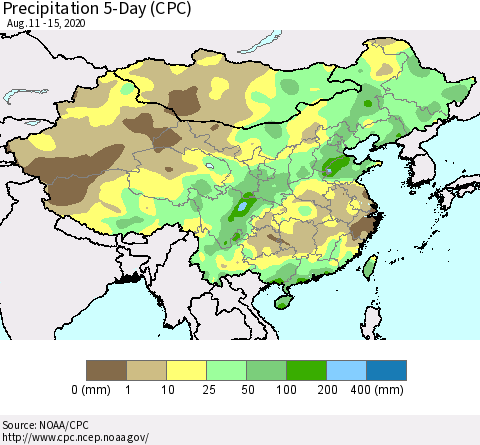 China, Mongolia and Taiwan Precipitation 5-Day (CPC) Thematic Map For 8/11/2020 - 8/15/2020