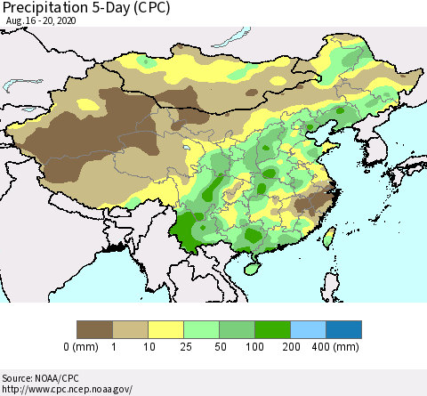 China, Mongolia and Taiwan Precipitation 5-Day (CPC) Thematic Map For 8/16/2020 - 8/20/2020
