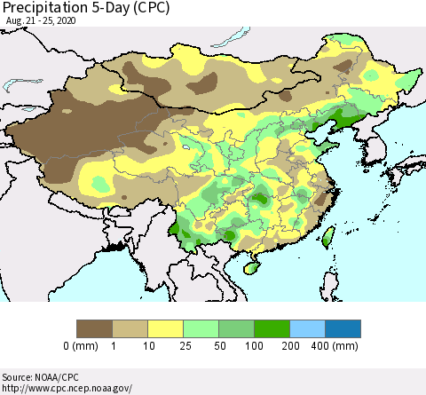 China, Mongolia and Taiwan Precipitation 5-Day (CPC) Thematic Map For 8/21/2020 - 8/25/2020