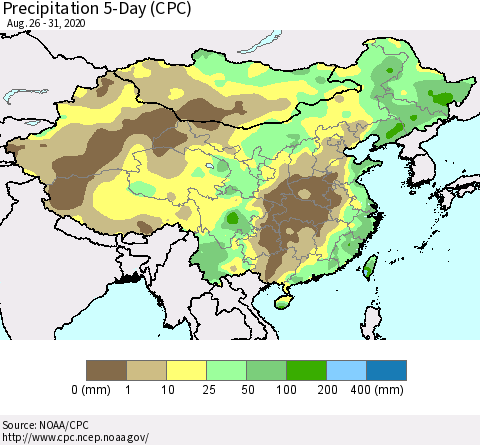 China, Mongolia and Taiwan Precipitation 5-Day (CPC) Thematic Map For 8/26/2020 - 8/31/2020