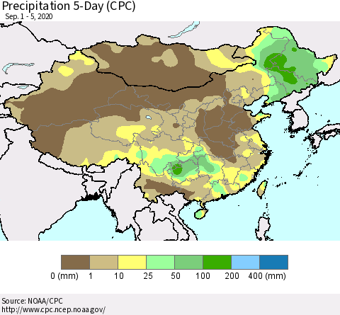 China, Mongolia and Taiwan Precipitation 5-Day (CPC) Thematic Map For 9/1/2020 - 9/5/2020